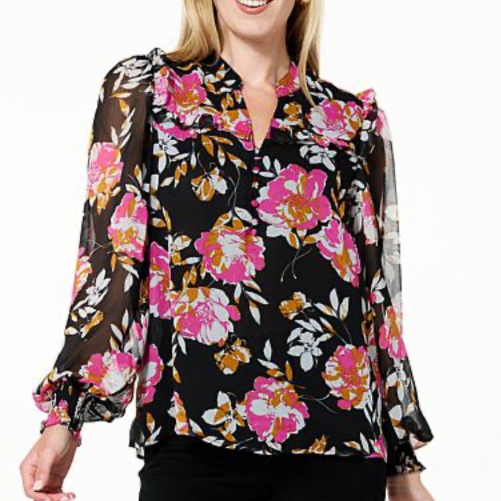 G BY GIULIANA Black Sheer-Sleeve Floral Ruched Detail Tunic Top (Plus 3X)‎